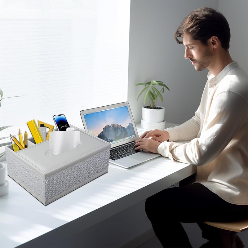 XNONE Tissue Box Cover Rectangle White Kleenex Box Holder PU Leather Facial Tissue Organizer,Multifunctional Remote Control Stationery Storage Box,Home Office Supplies Car Napkin Caddy - Image 2